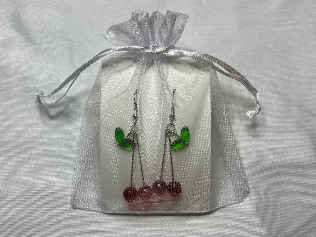 Cherry Drop Earrings – Handmade Red Bead Dangles with Green Leaf Accent & Silver Hooks