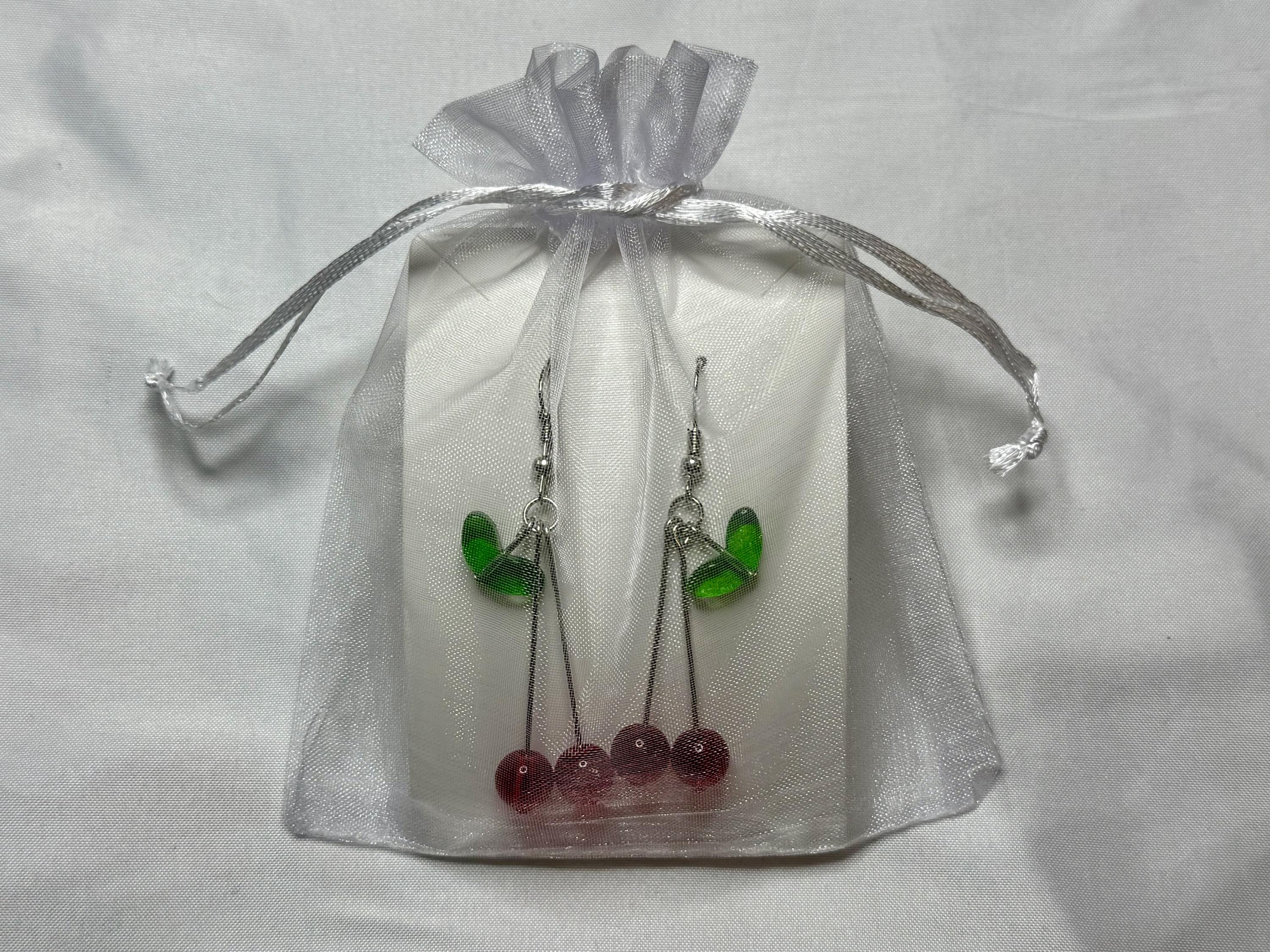 Cherry Drop Earrings – Handmade Red Bead Dangles with Green Leaf Accent & Silver Hooks