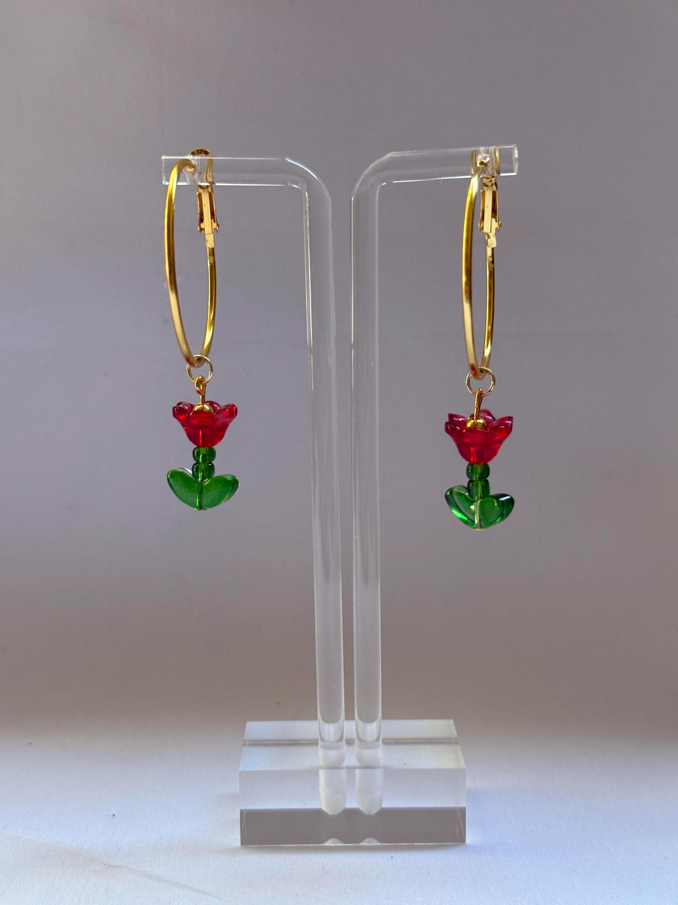 Red Floral Hoop Earrings