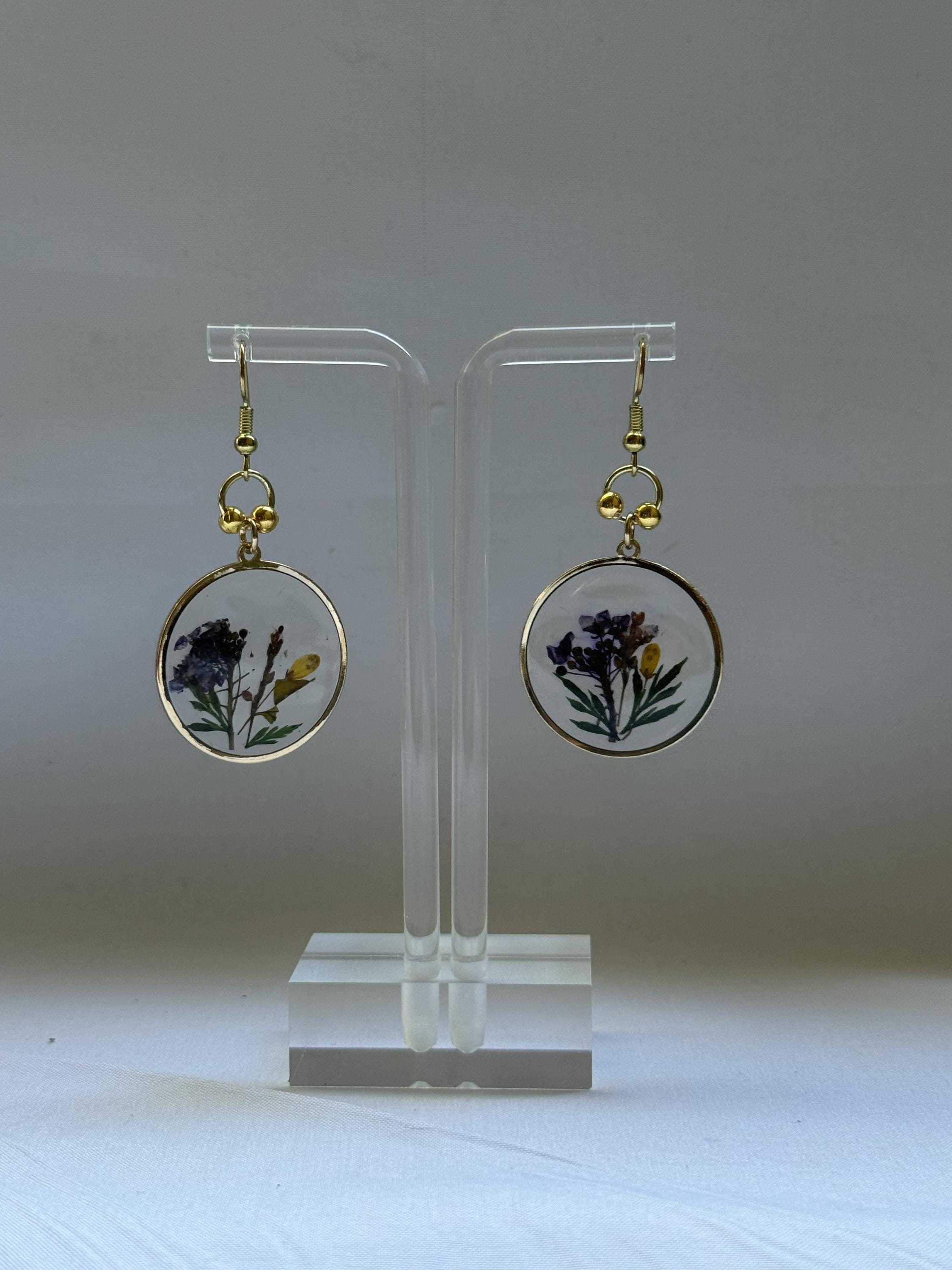 Pressed Flower Resin Earrings – Handmade Gold-Rimmed Dangles with Purple & Yellow Blooms