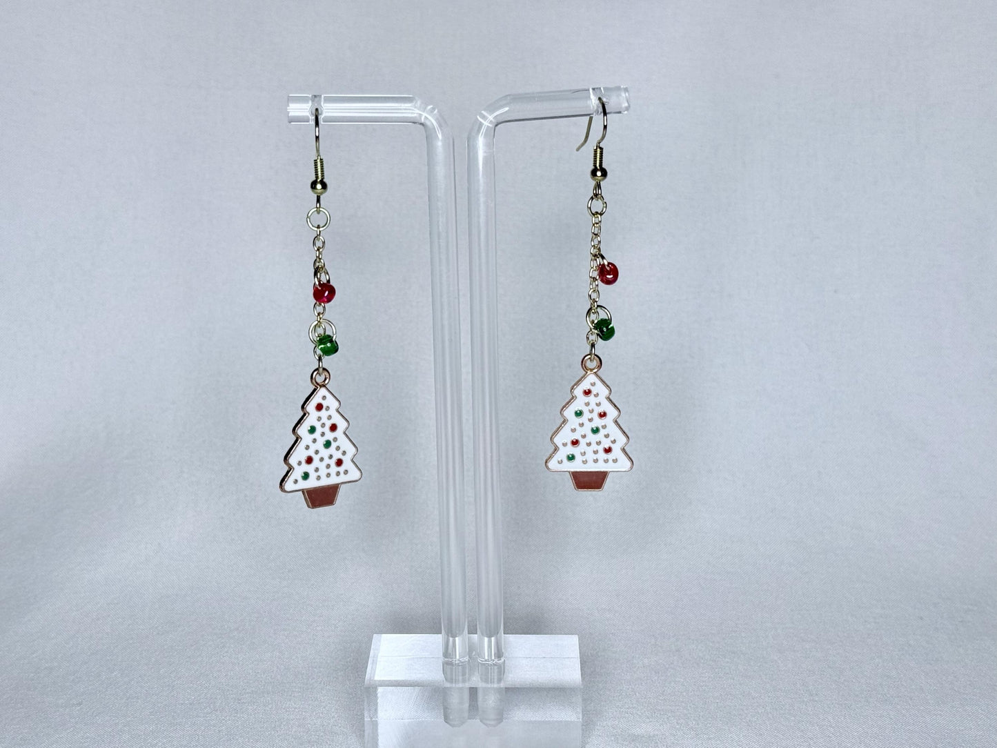 White Christmas Tree Dangly Earrings : Holiday Earrings