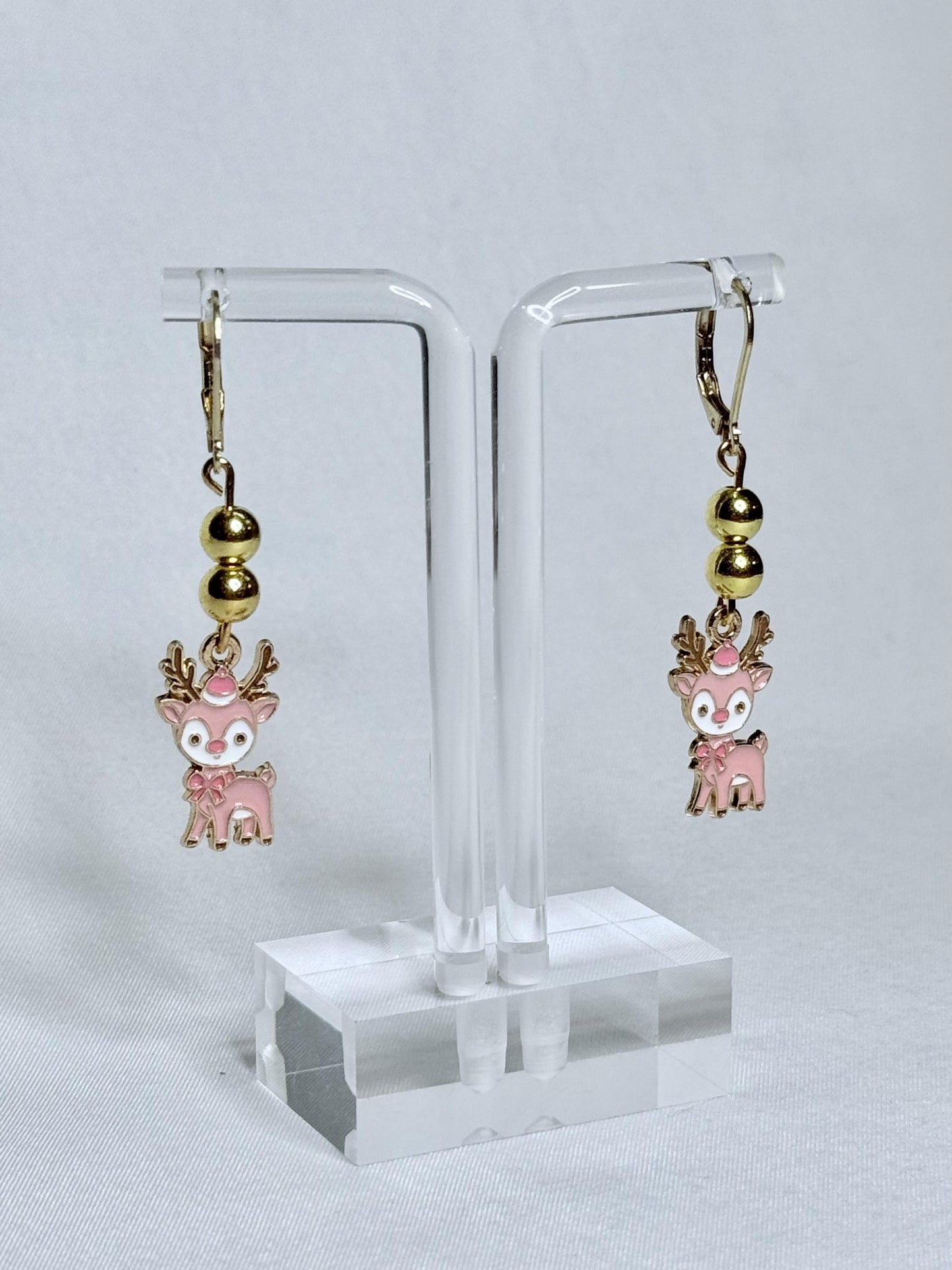 Pink Christmas Reindeer Dangly Earrings : Holiday Earrings