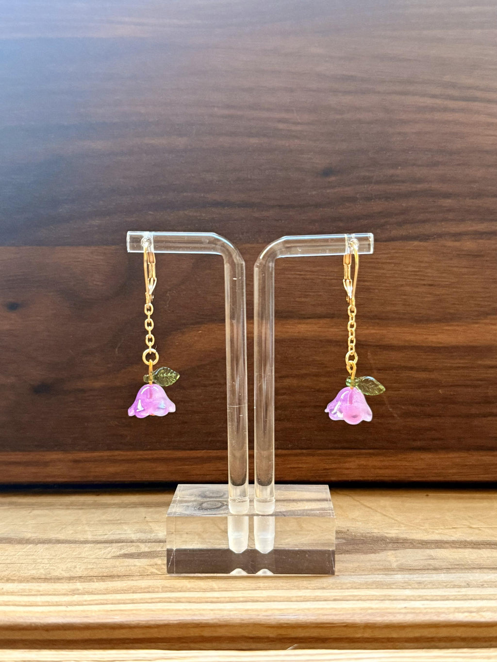 Botanical Drop Earrings – Delicate Floral Dangles with Gold Hooks & Green Leaf Detail