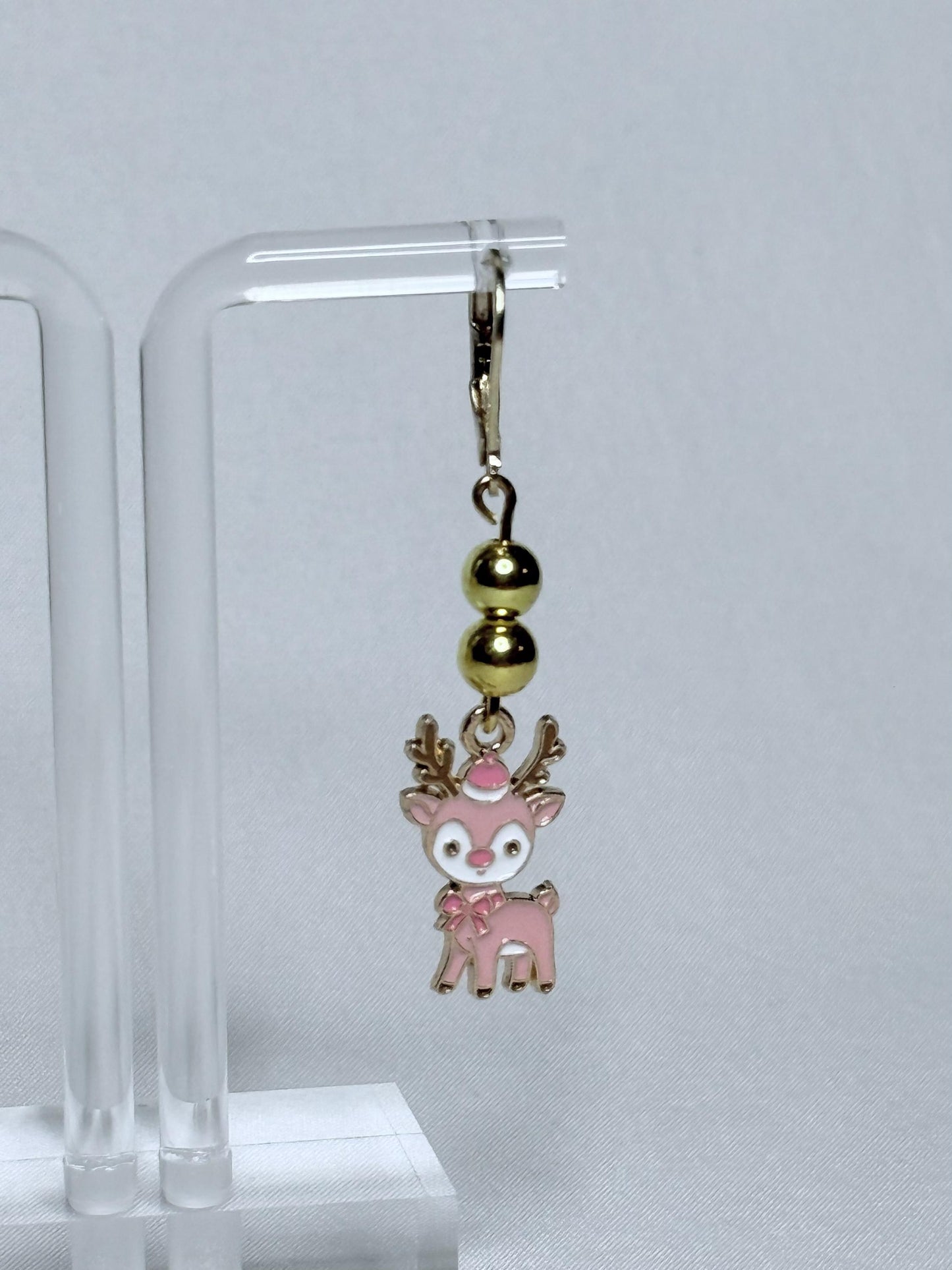 Pink Christmas Reindeer Dangly Earrings : Holiday Earrings
