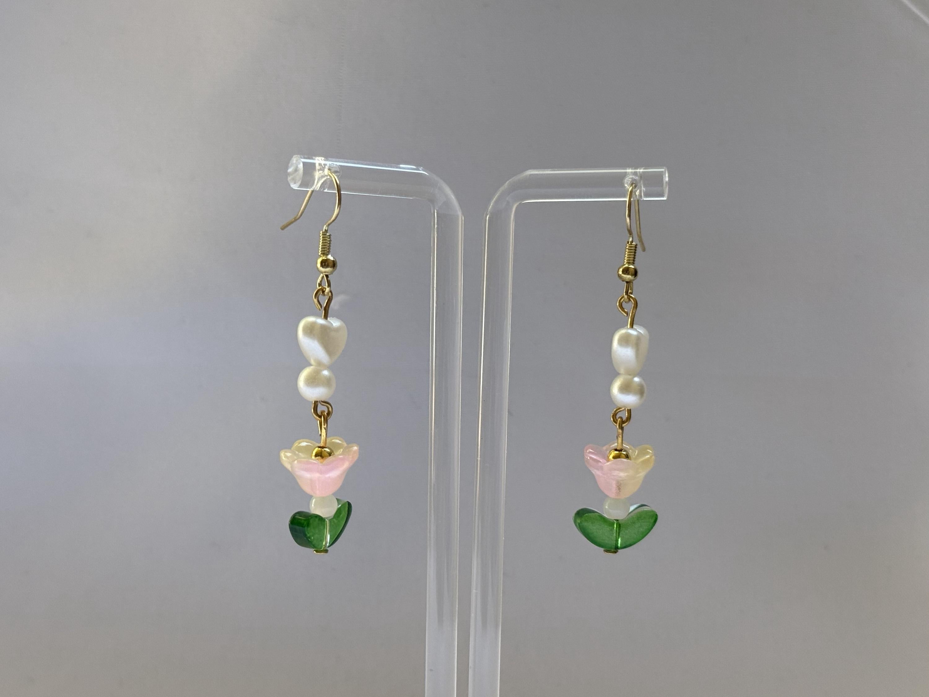 Garden Bloom Earrings – White Hearts & Pink Flower Beads with Green Leaf Accent