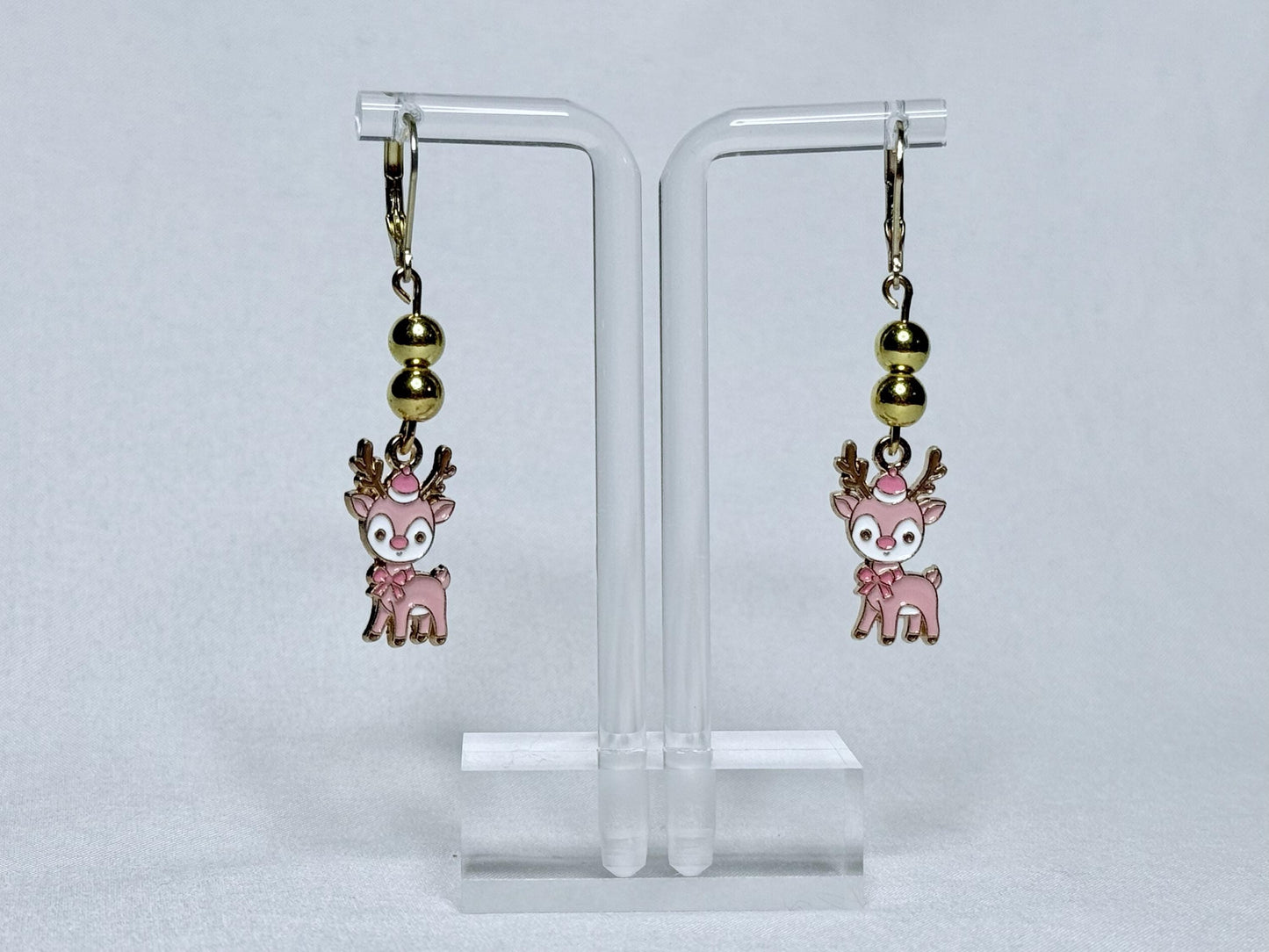 Pink Christmas Reindeer Dangly Earrings : Holiday Earrings