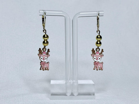Pink Christmas Reindeer Dangly Earrings : Holiday Earrings