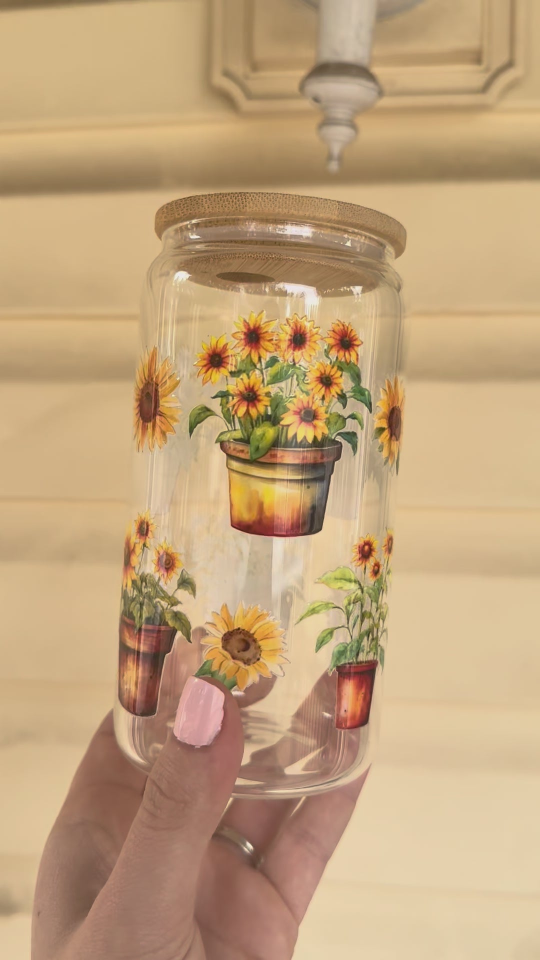 Sunflower & Potted Plant Glass Cup | 16oz Iced Coffee Can with Bamboo Lid | Garden Drinkware