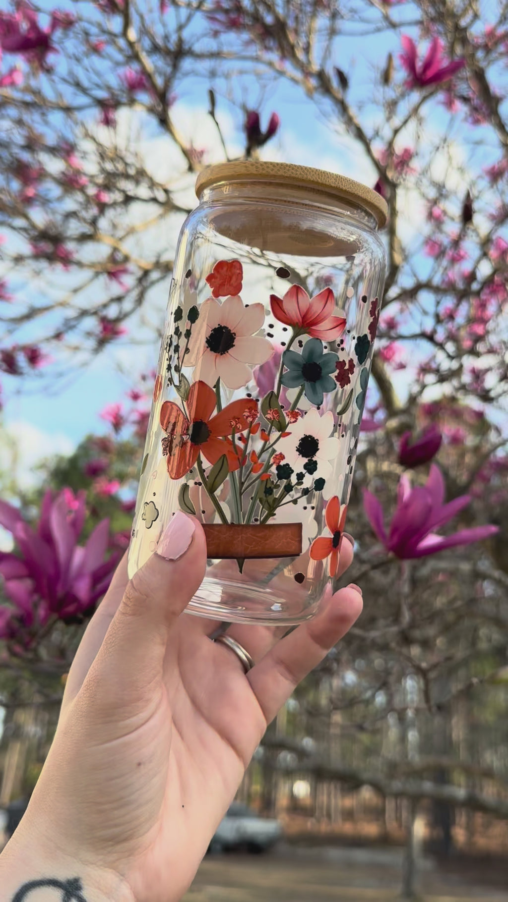 Floral Iced Coffee Cup 16oz | Colorful Flower Glass Can with Bamboo Lid