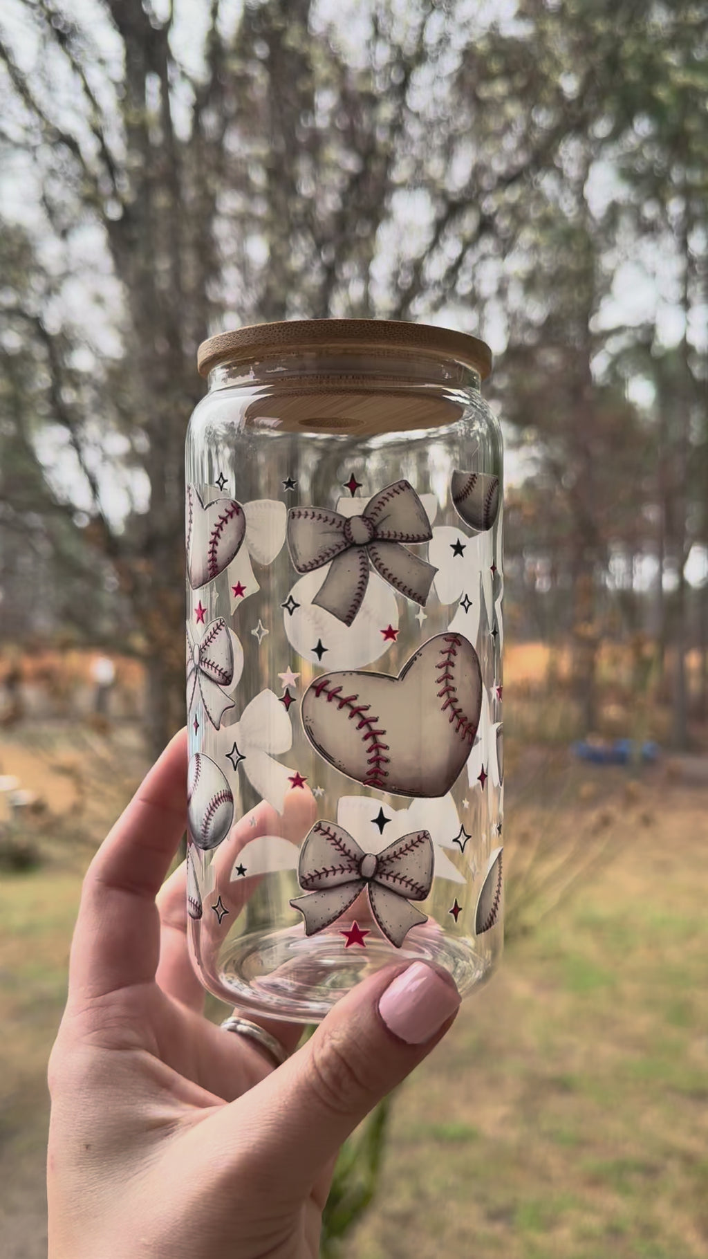 Baseball Bow Glass Cup | Heart Glass Can with Bamboo Lid | 16oz