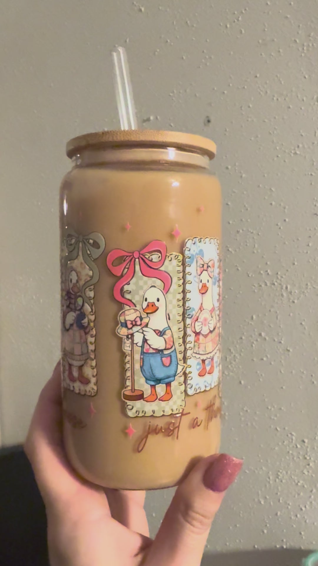 Just a Thrifty Goose Glass Cup | Vintage Duck Tumbler with Lid | Cottagecore Iced Coffee Cup